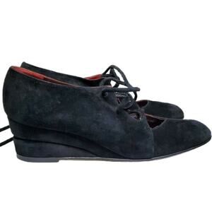 I. Miller Galleria Vintage Black Suede Wedged Heels Ankle Wrap Laces 8.5 AA